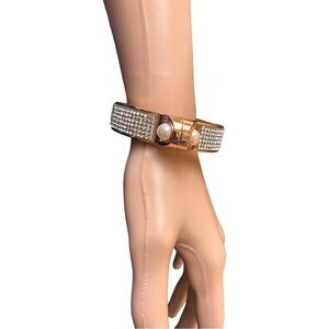 Elegant Gold, Crystals, and Pearl bangle  Bracelet with click lock close